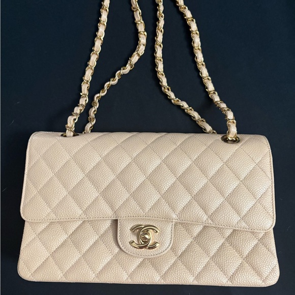 NEW CHANEL Classic Caviar Medium Double Flap Bag Beige Clair Gold Hardware - Picture 1 of 16